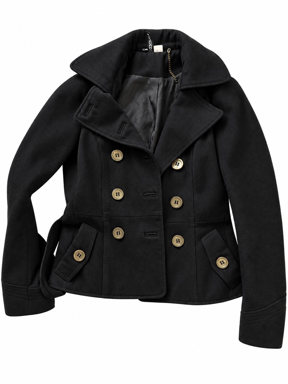 H&M Black Double-Breasted Wool Pea Coat with Gold Buttons